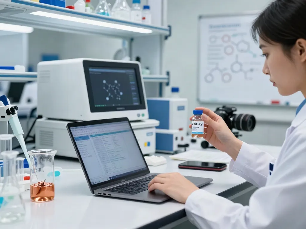 GHK-Cu research peptide 100mg being analyzed in a laboratory for scientific studies.