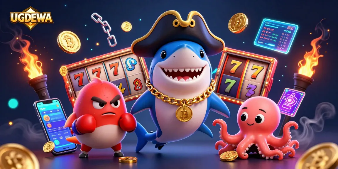 Spin the reels with UGDEWA, featuring a dynamic 3D illustration of exciting casino characters and elements.