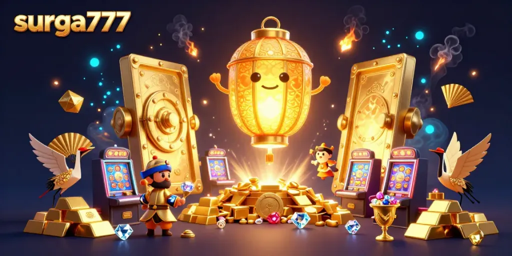 Experience winning excitement at surga777 with a golden lantern spirit amidst slot games and treasures.