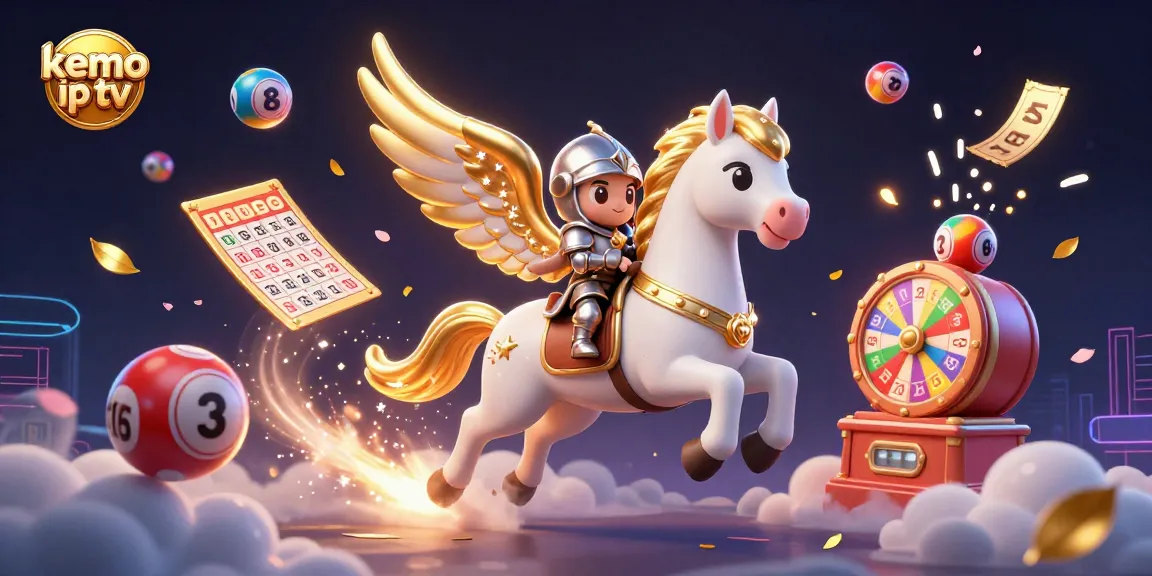 Kemo IP TV showcases vibrant lottery action with a celestial horse and knight amidst dynamic gaming elements.