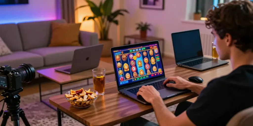 Engaging online slot gaming scene with colorful graphics and a relaxed player.