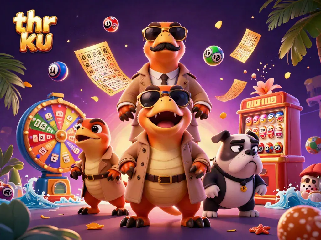 Engage in thr ku gaming with raptors in trench coats entering a casino, lottery balls bouncing.