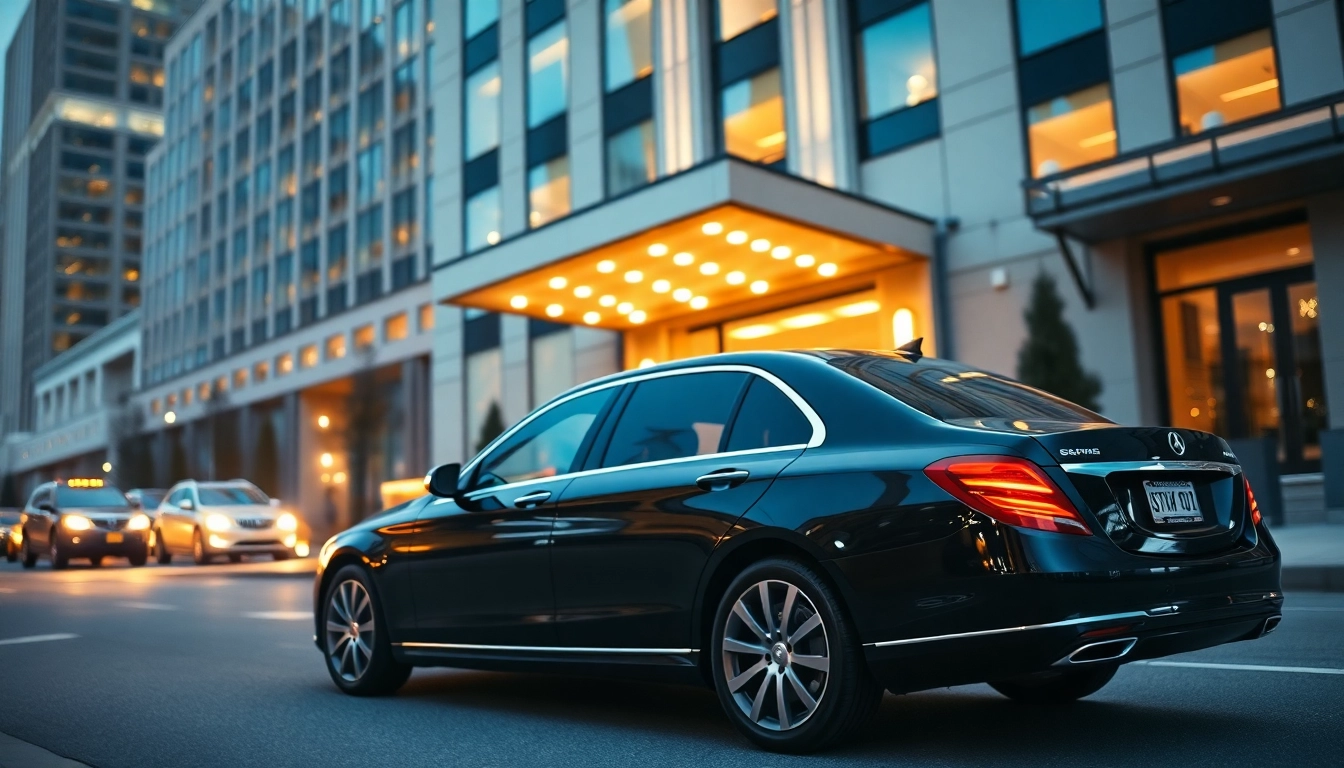 Chauffeur Vancouver arriving at a luxury hotel in a sleek black sedan, showcasing elegance and professionalism.