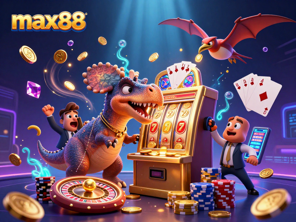 max88 brings luck as a pachycephalosaurus hits a slot machine, revealing a jackpot.