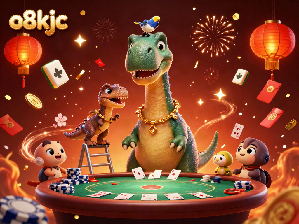 o8kjc showcases a vibrant 3D cartoon casino scene with a brontosaurus and poker dealer.