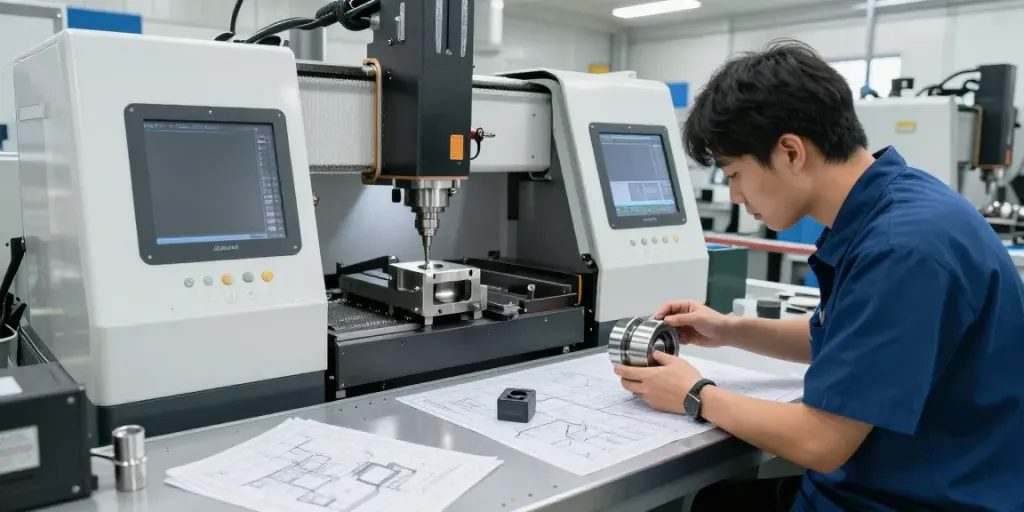 Machined stainless steel parts showcased in a precision CNC machining workshop, emphasizing quality and craftsmanship