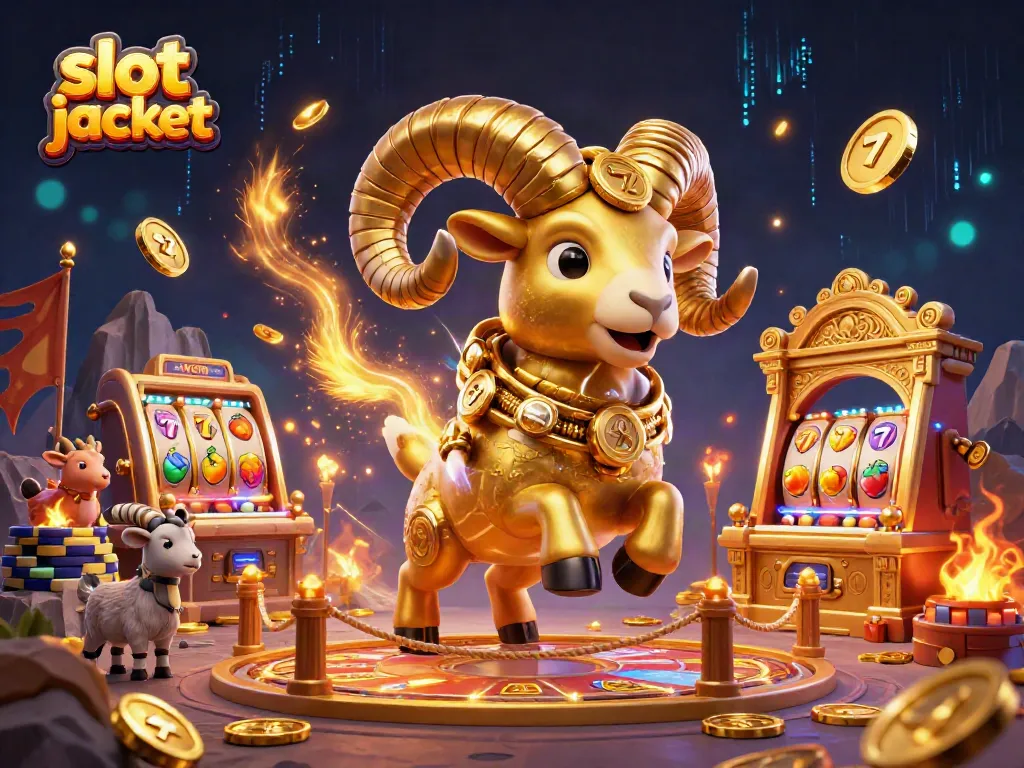 Dynamic scene depicting a golden ram symbolizing a slot jackpot charging towards a golden gate surrounded by goats and slot elements.