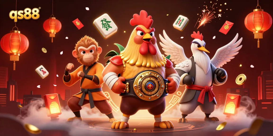 Experience exciting gameplay at qs88 with a 3D illustration of martial arts champions amidst lucky symbols.