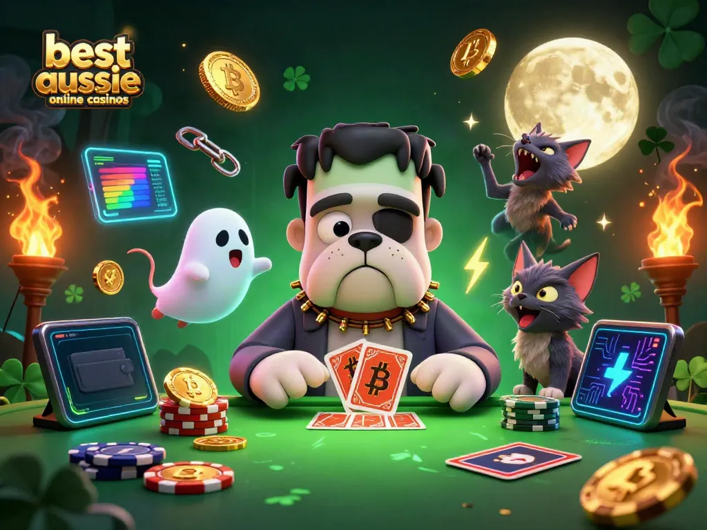 Experience the excitement at the best aussie online casinos with vibrant characters at a spooky playing table.