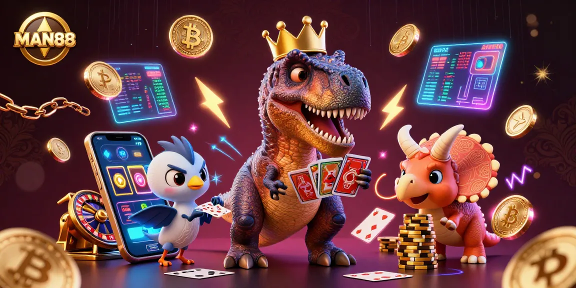 Engage with MAN88 through a vibrant 3D casino adventure featuring unique gambling characters and elements.