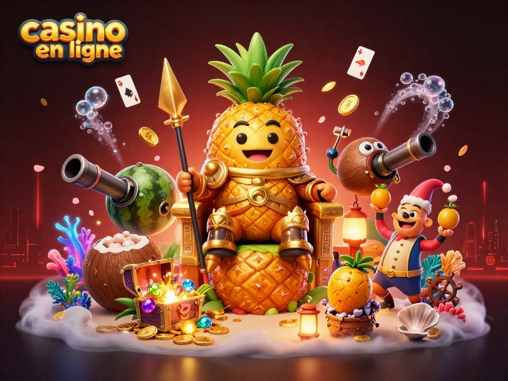 Découvrez un roi ananas en or dans un casino en ligne, entouré de trésors sous-marins et de jeux de cartes.