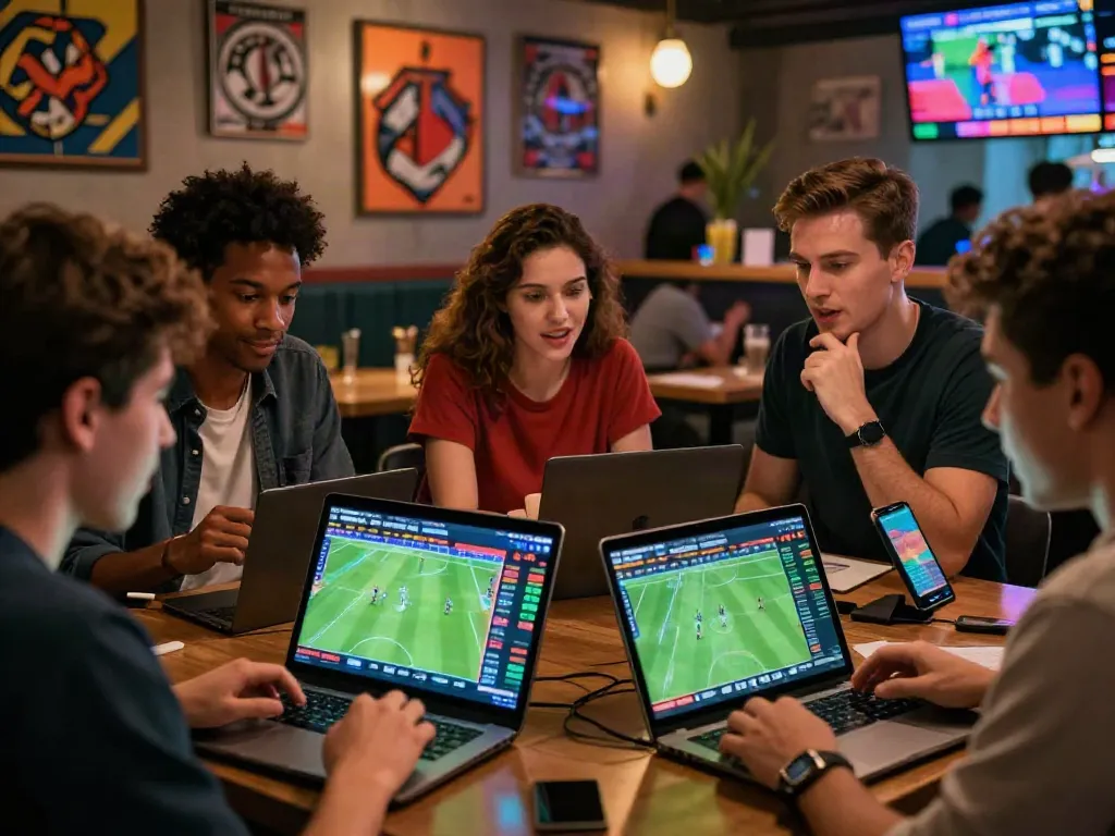 WWBOLA betting enthusiasts reviewing high odds in a lively sports lounge