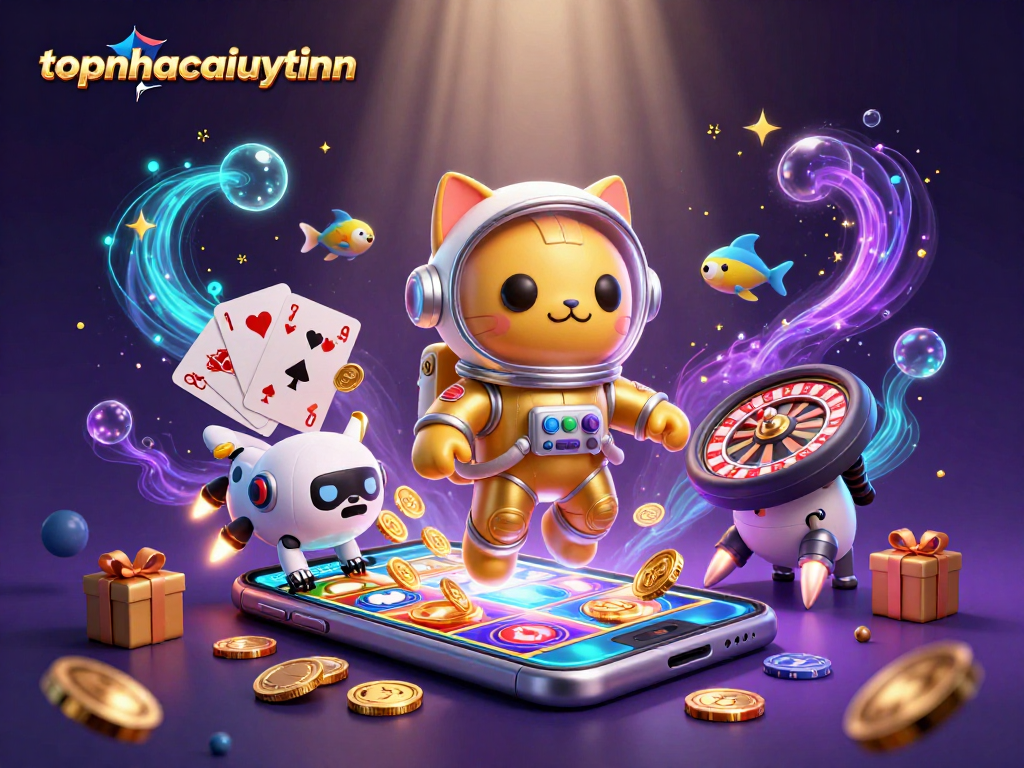 Engage in thrilling slot gameplay at topnhacaiuytinn with vibrant characters and colorful casino elements.
