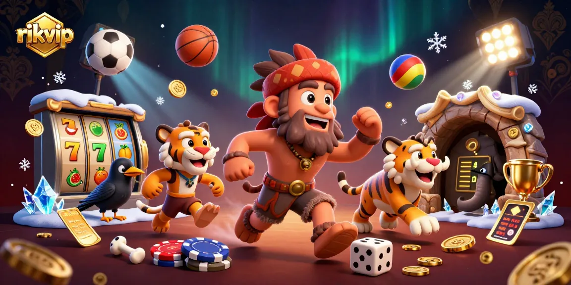 rikvip showcases a dynamic scene of a caveman and saber-tooth tiger managing a fruity casino