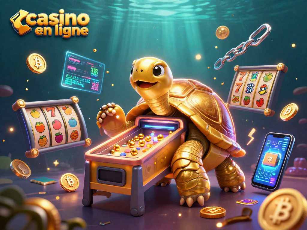 Visitez le casino en ligne et jouez avec une tortue en or dans une scène ludique pleine de jetons et de lumières.