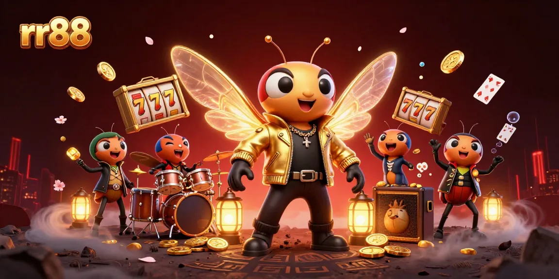 Experience the excitement of rr88 with a vibrant scene featuring a rock star cicada surrounded by winning casino symbols.