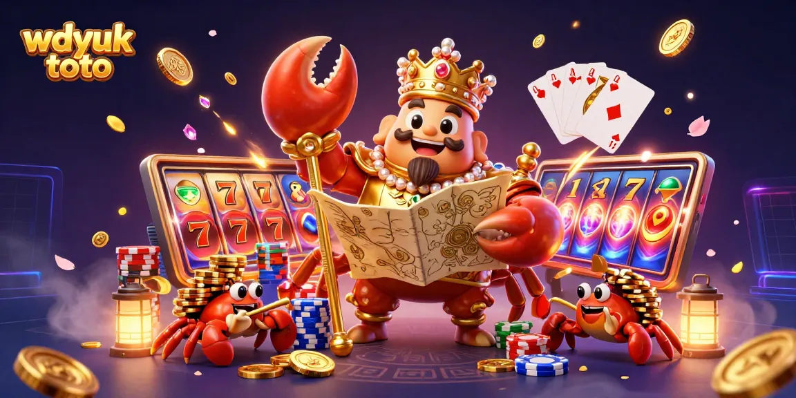 Experience wdyuk toto's thrilling slot games with a vibrant 3D illustration showcasing the crab emperor and casino elements.