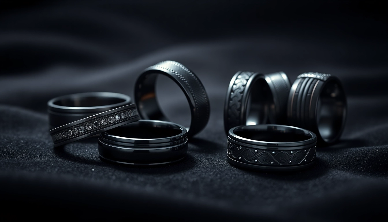 Admire various dark mens wedding bands showcasing elegance and style against a dark velvet background.