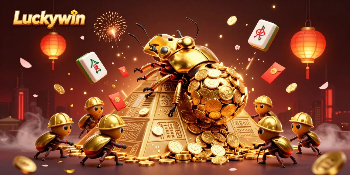 Luckywin brings excitement as a golden beetle rolls coins, enhancing the online gaming experience.