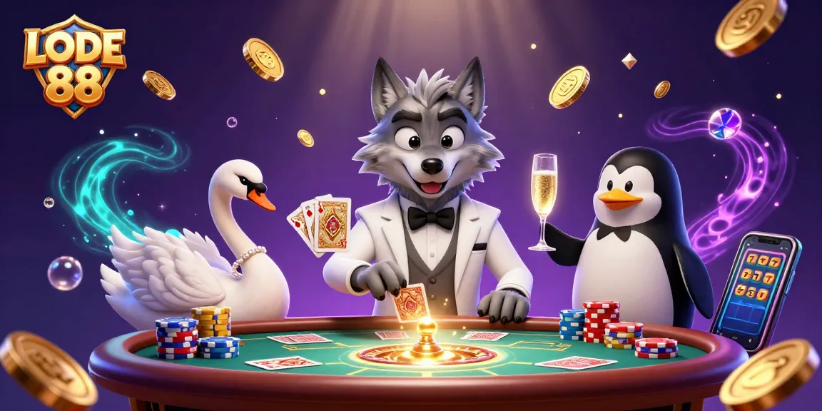 Experience LODE 88's excitement with animated casino characters at a lively baccarat table.