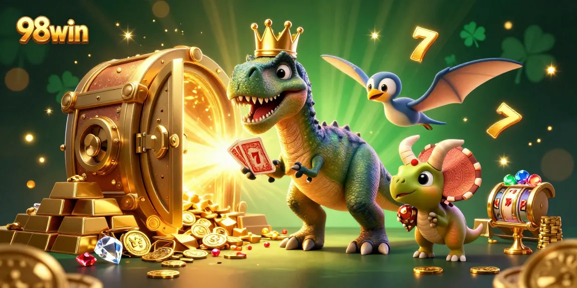 Experience thrilling 98win excitement with cartoon dinosaurs enjoying vibrant casino games.
