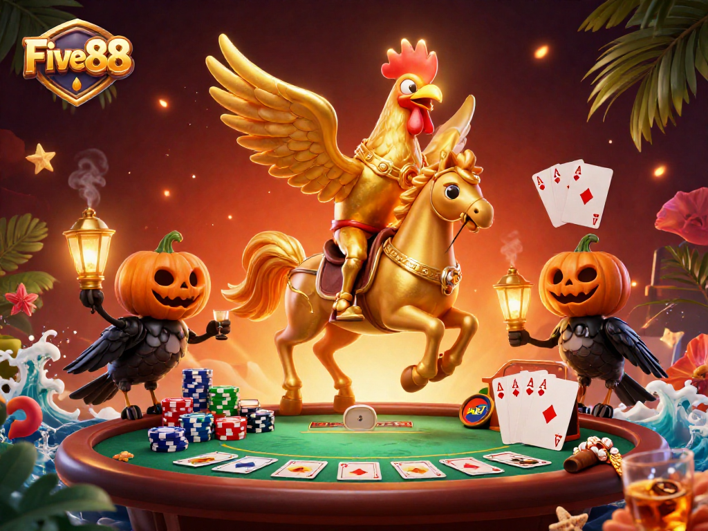 Engage in thrilling poker moments with Five88, featuring vibrant casino action and colorful game elements.