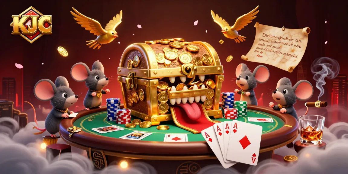 KJC entices players with a vibrant scene of treasure and poker, showcasing thrilling casino life.