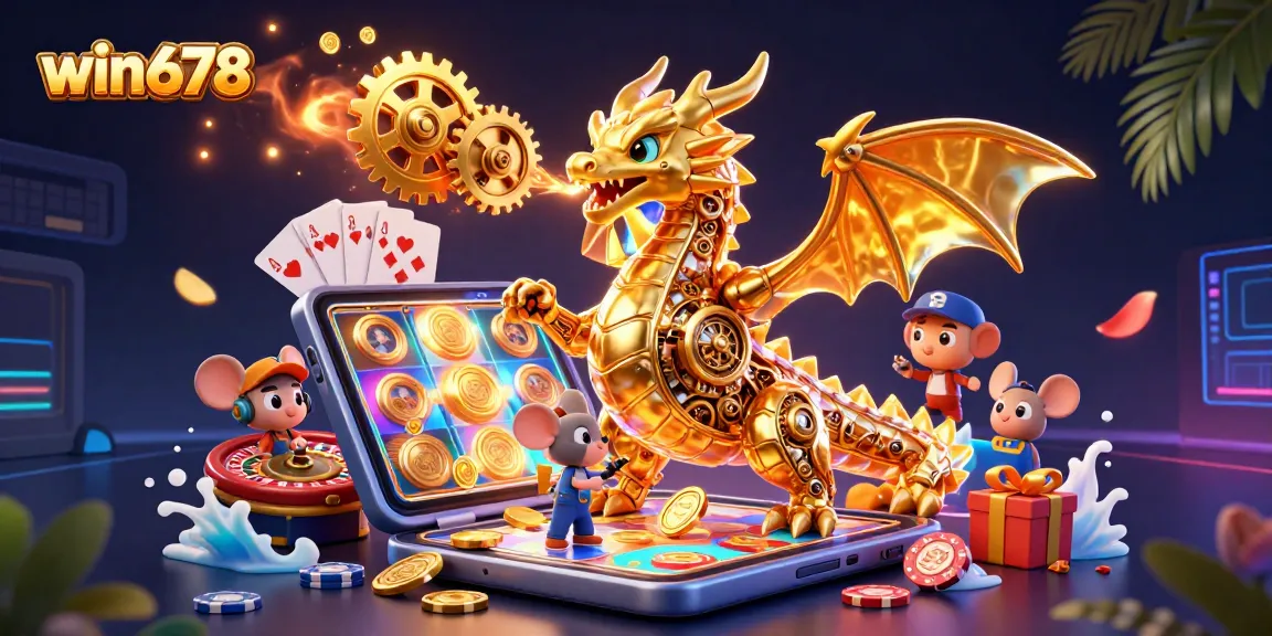 Experience win678's thrilling gaming with a golden dragon amid vibrant casino elements.