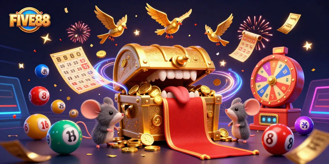 Experience the allure of FIVE88 with vibrant lottery magic, golden treasures, and exciting game elements.