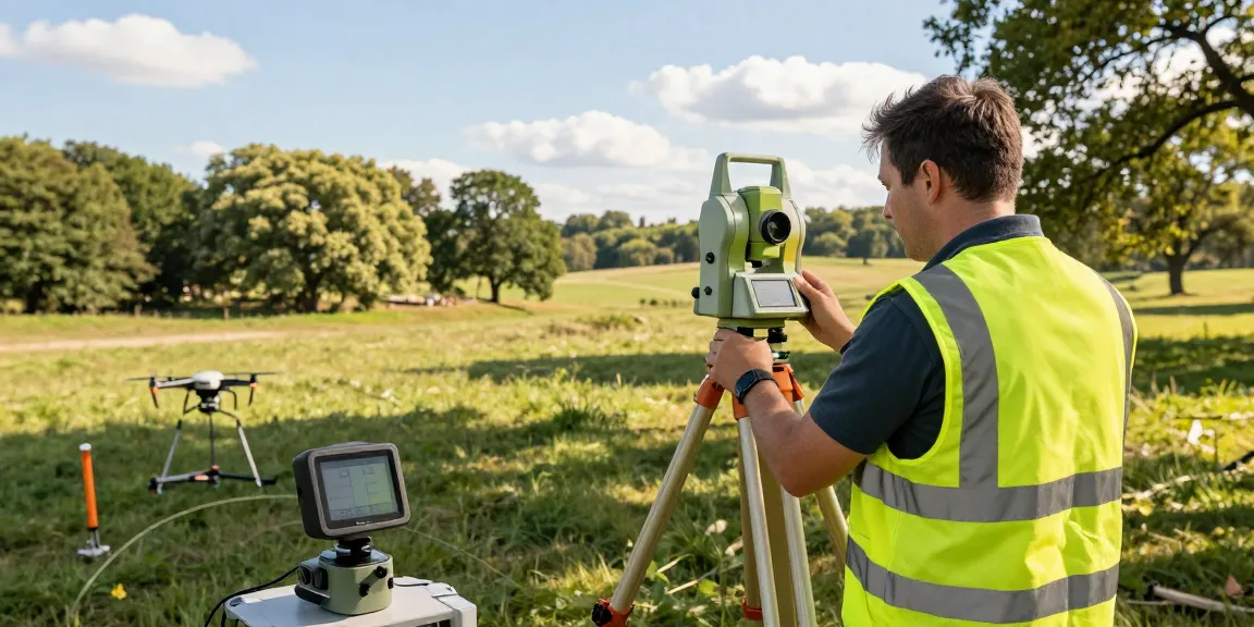 Topographical surveys London with a surveyor using modern equipment in a lush landscape.