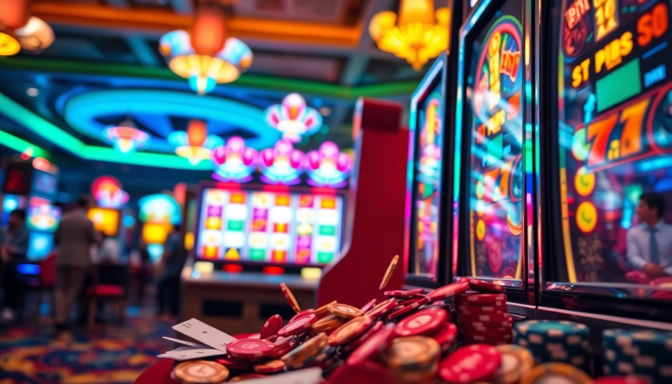 OKSLOT เกมสล็อตออนไลน์ บนเครื่องสล็อตที่สว่างไสวในบรรยากาศของคาสิโนที่คึกคัก