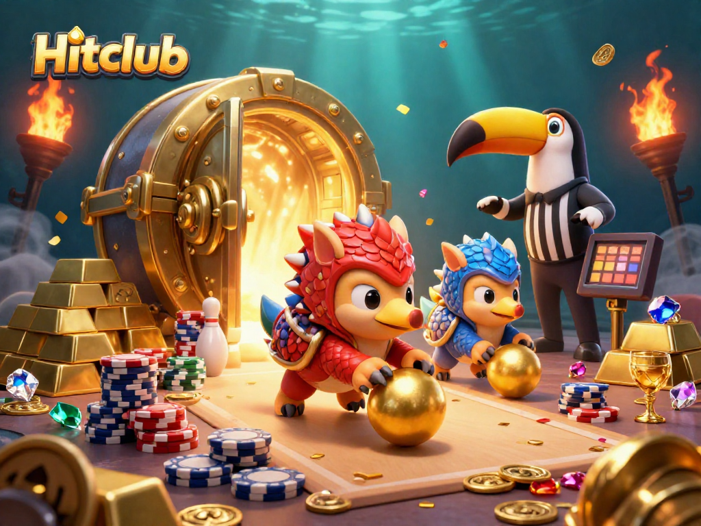 Engage in thrilling bowling action at Hitclub with rival pangolins amid sparkling casino treasures.