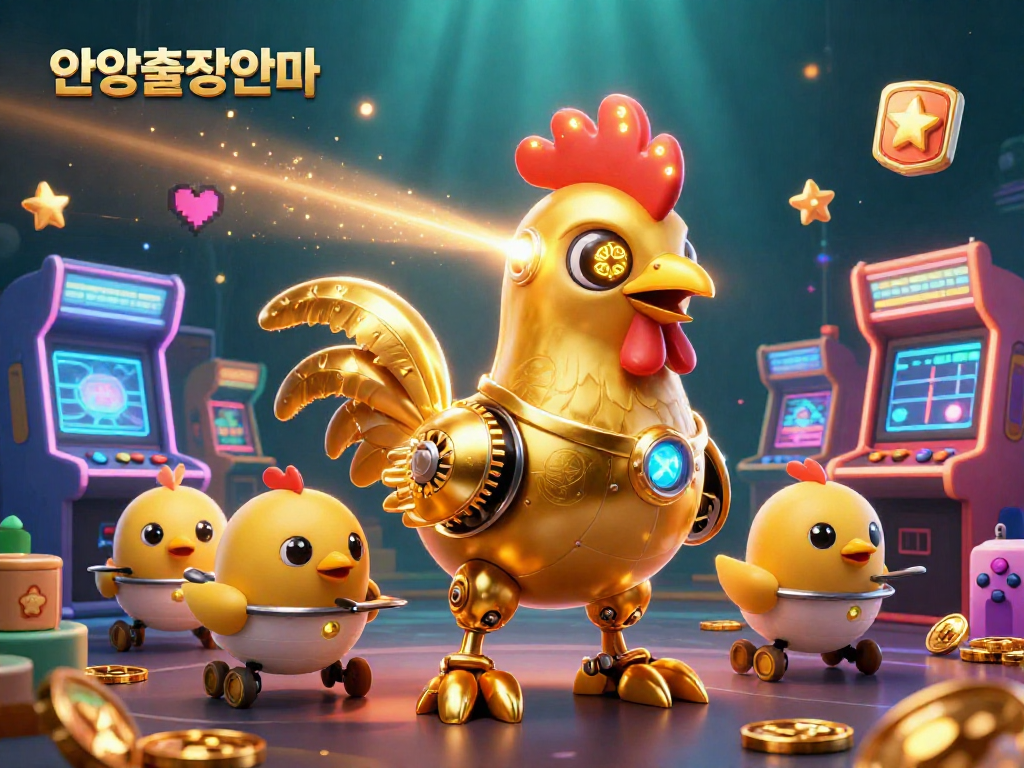 Experience 안양출장안마 with a golden rooster robot and cheerful chicks in a vibrant casino-themed scene.