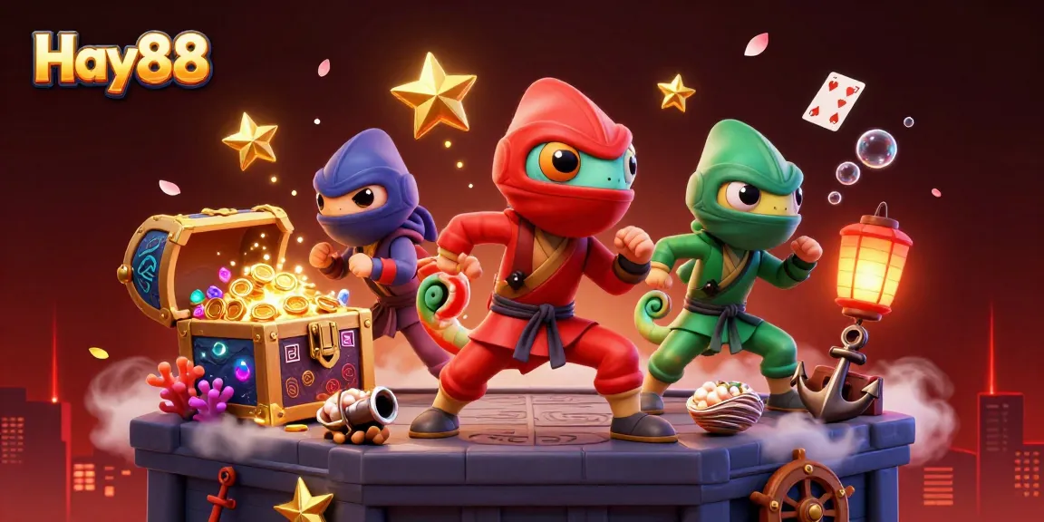 Hay88 showcases an exciting atmosphere with ninja chameleons in action, exploring vibrant casino themes filled with treasure.