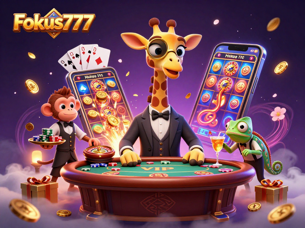 Experience the thrill of Fokus777 with an energetic casino scene featuring a giraffe and monkey.