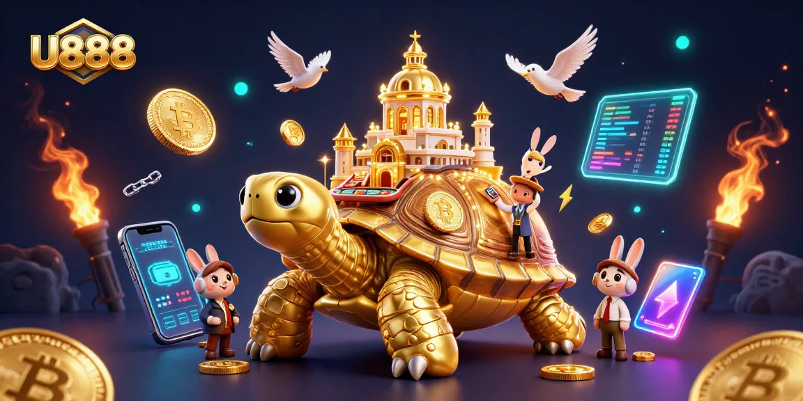 Experience the thrilling U888 casino with golden tortoise, rabbit dealer, and flying coins in action.