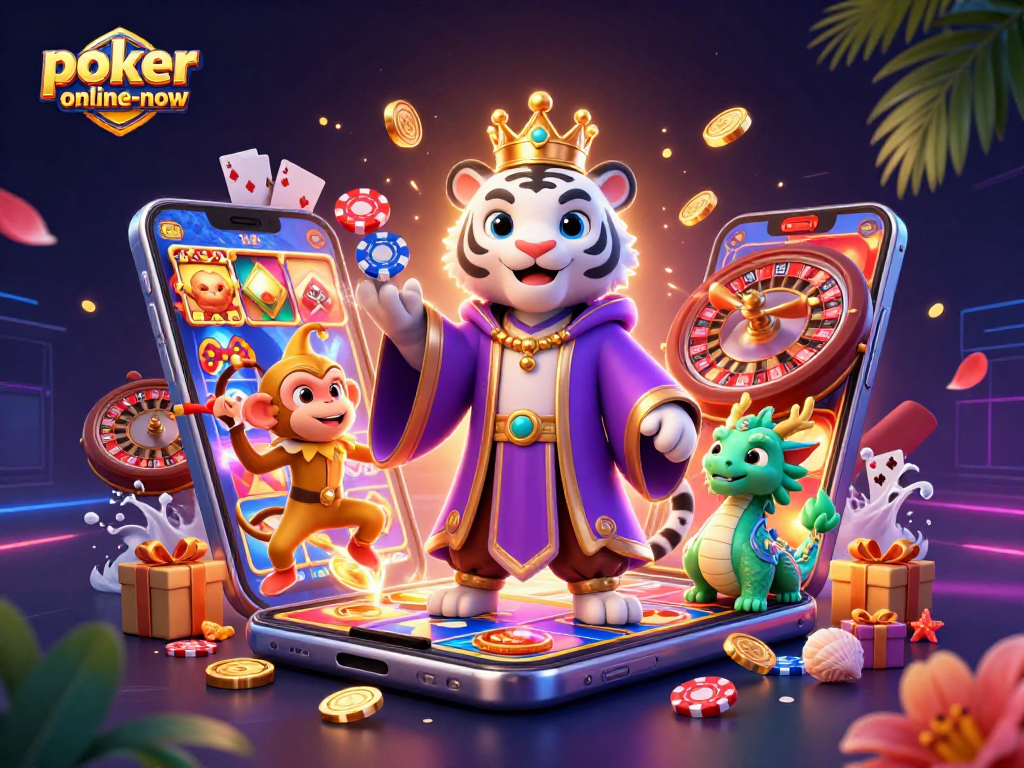 Engage with poker-online-now's vibrant 3D casino scene featuring a white tiger and playful monkey.
