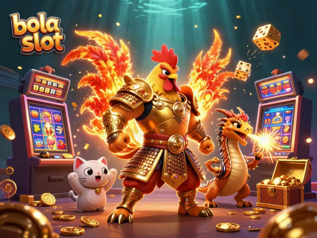 Experience thrilling bola slot action with fighting rooster and dragon in an exciting casino scene.