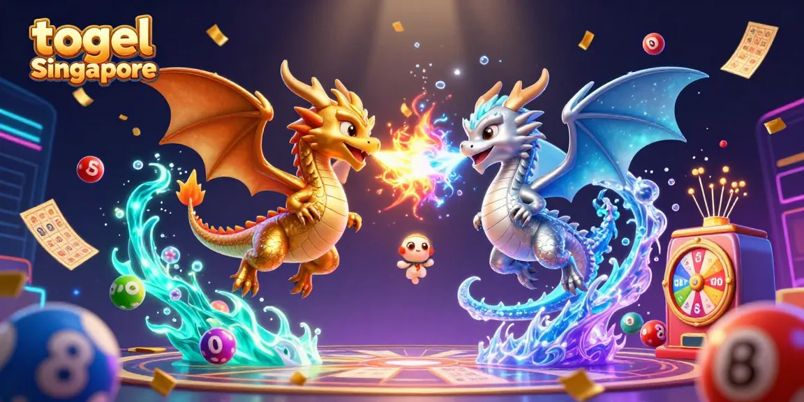 Engage with togel Singapore through an intricate 3D illustration showcasing vibrant lottery elements and dynamic dragon characters.