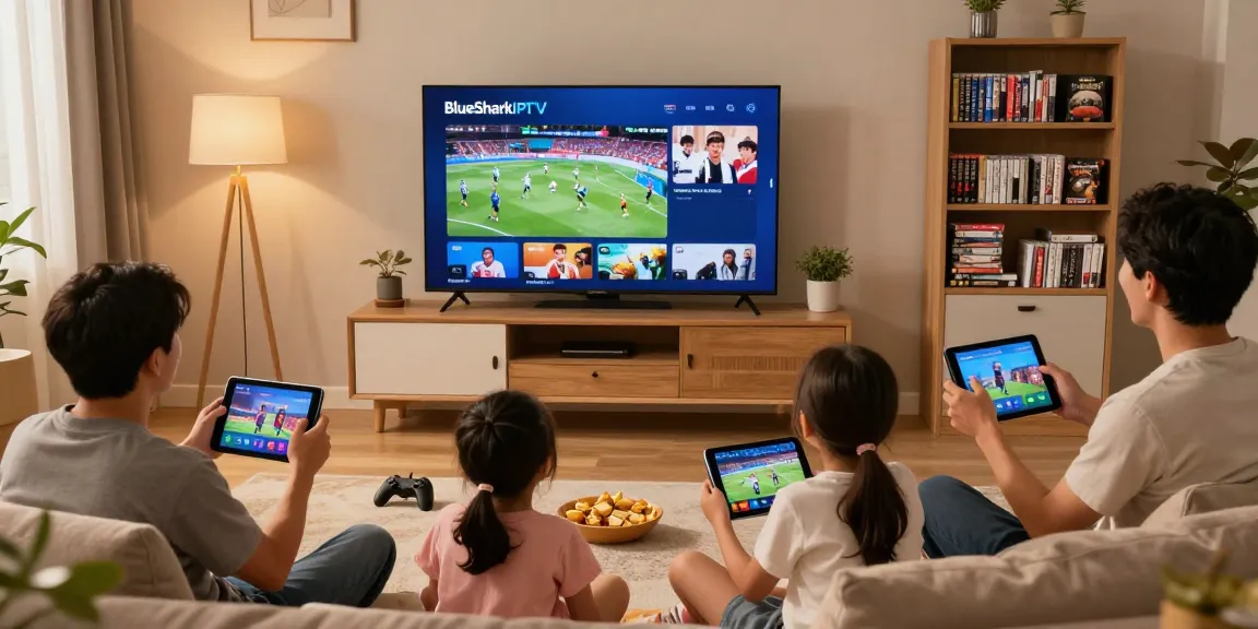 Family enjoying sports and movies with BlueSharkIPTV in a cozy living room.