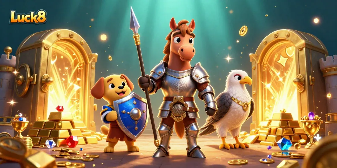 Experience thrilling wins at Luck8 casino with a dynamic knight, puppy, and falcon amidst gold and jewels.