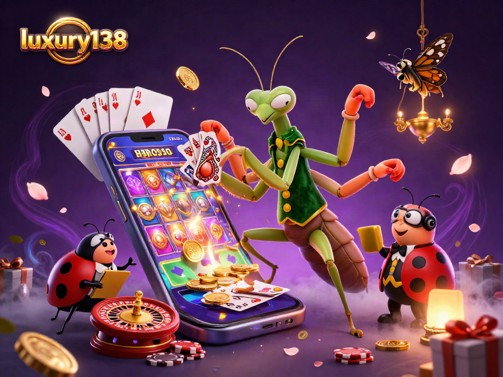 luxury138 menampilkan karakter kartun 3D di kasino virtual, merayakan kemenangan dengan koin emas.