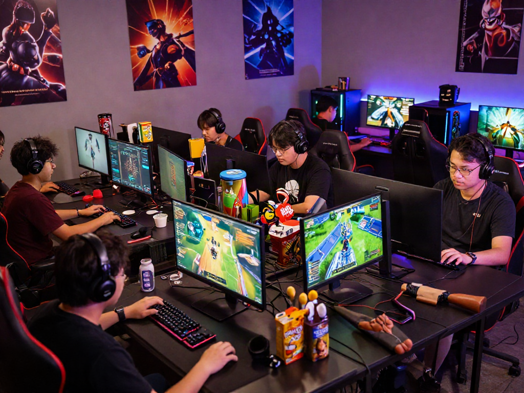 Enthusiastic gamers interacting with kebuntoto online gaming platforms in vibrant lounge.
