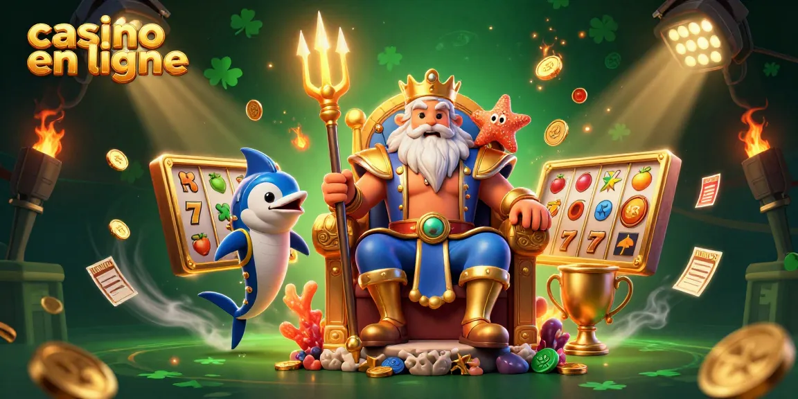 Jouez à casino en ligne avec l'illustration dynamique de Neptune et des machines à sous.