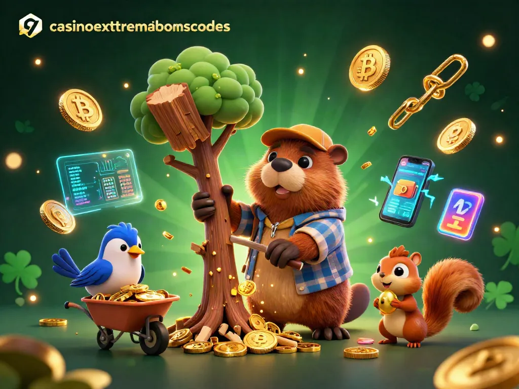 Experience winning with casinoextremebonuscodes as a playful beaver chops a tree raining gold coins
