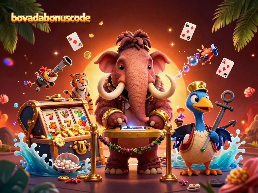 Engage with bovadabonuscode in a vibrant 3D scene featuring a mammoth checking IDs at a casino.