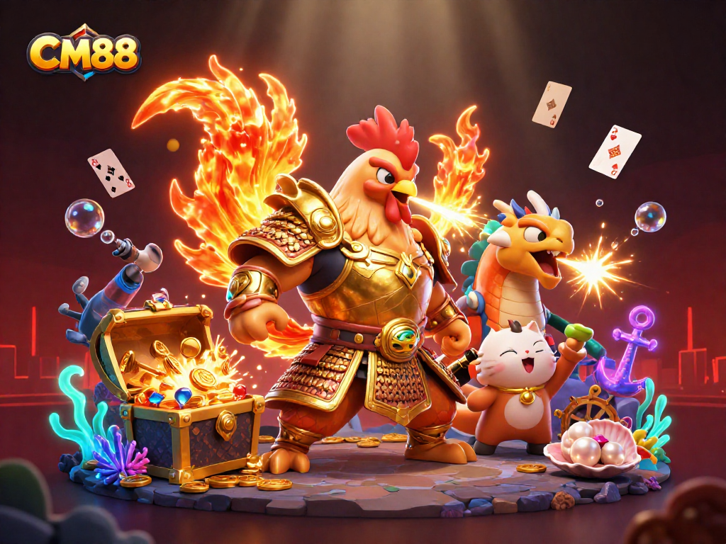 Experience the excitement of CM88 with a dynamic illustration of a courageous rooster warrior and a dragon hatchling.