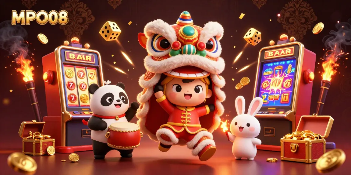 MPO08 offers engaging slot games with a colorful lion dance scene and jackpot excitement.