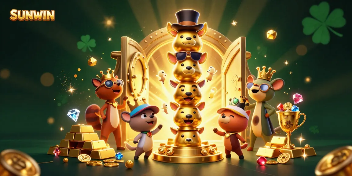 SUNWIN casino-themed illustration with a vibrant golden totem and sparkling treasures.