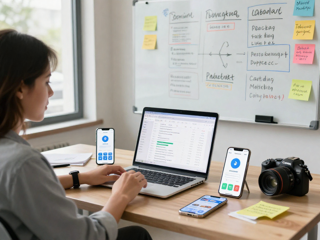 Purchase app downloads in a vibrant marketing workspace with app performance metrics displayed on screens.
